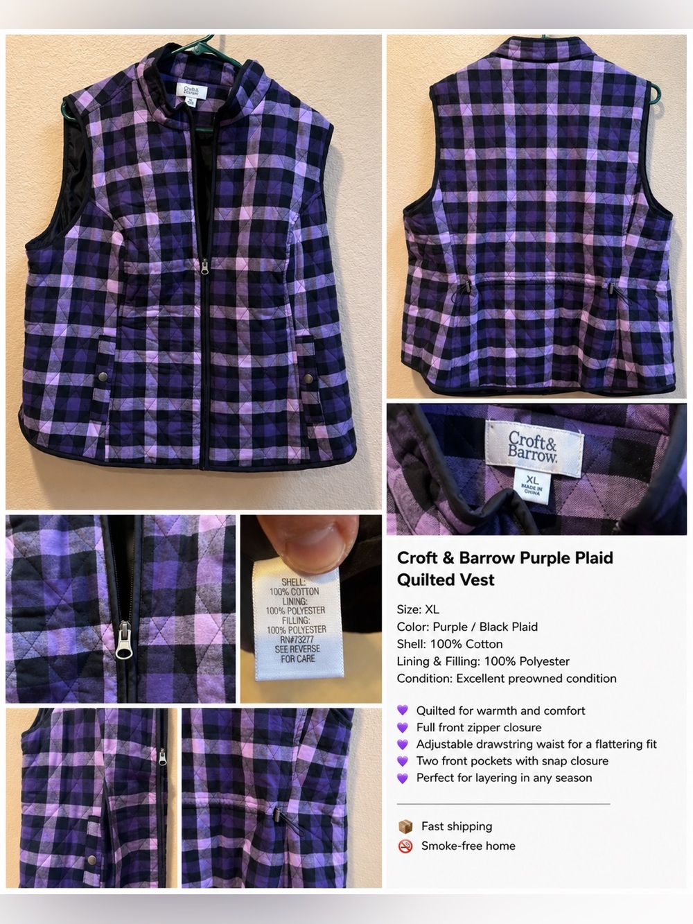 Croft & Barrow Purple and Black Plaid Quilted Vest
